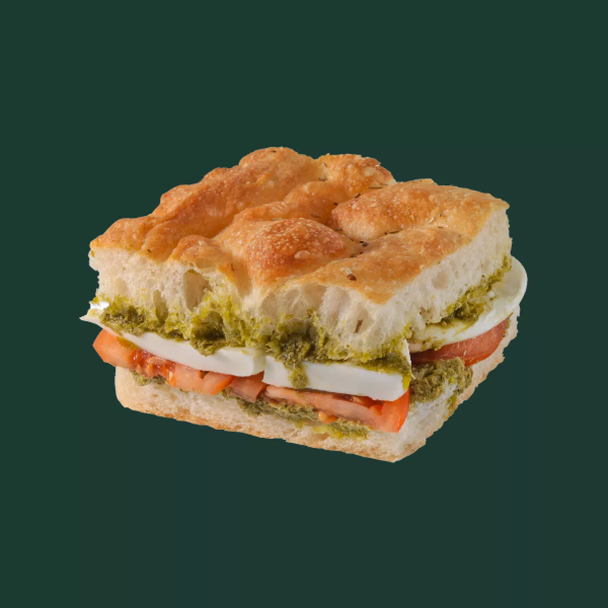 Focaccia med mozzarella, tomat og pesto